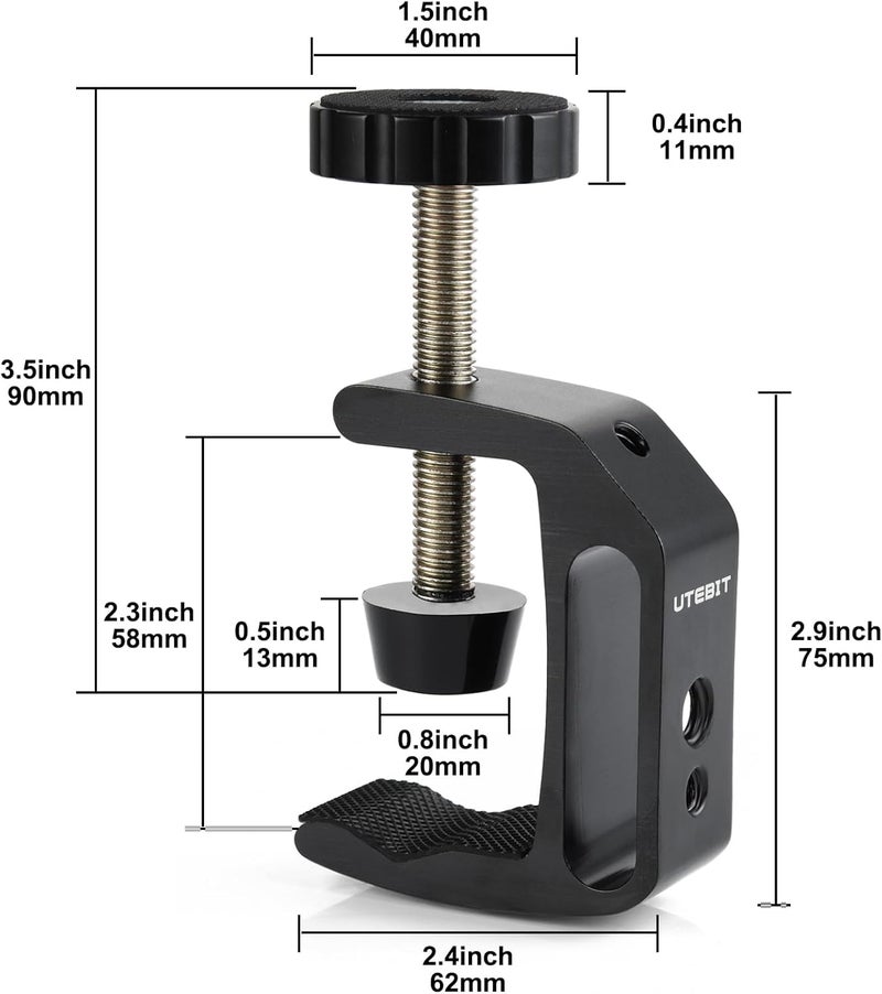 UTEBIT Small C Clamps 2 inch with 1/4" and 3/8" Thread Hole for Desktop Mount Tables Desk Clamps Aluminum Support 2 Pack - Image 2